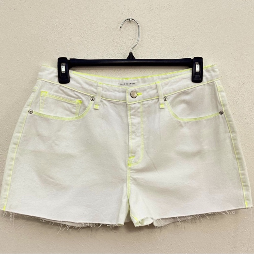 Good American 90s High Waist White with Neon Lining Denim Cutoff Shorts - OBO